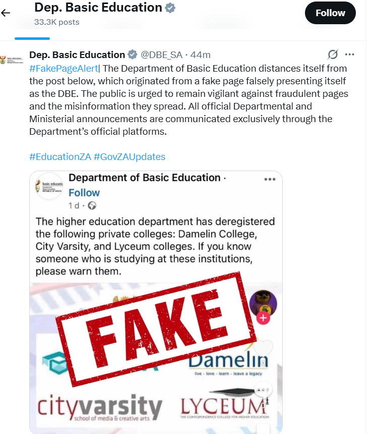 Official notice from Lyceum College regarding registration status.